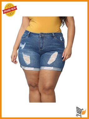 High Waisted Ripped Denim Jean Shorts for Women Plus Size Stretchy Folded Hem